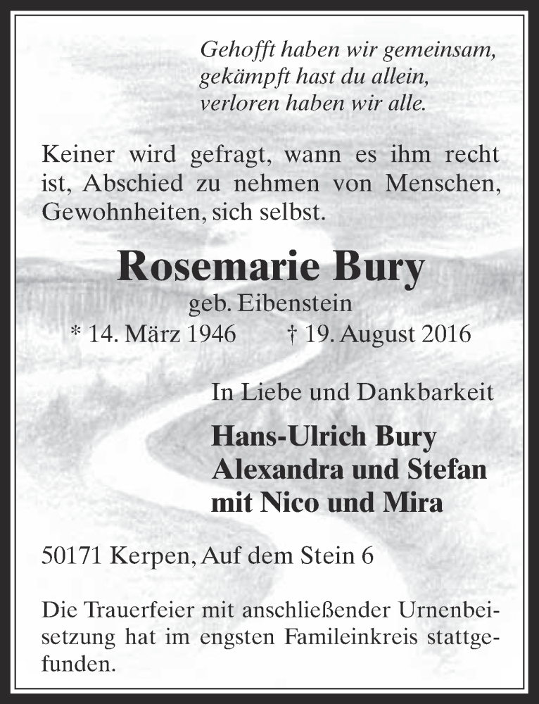  Traueranzeige für Rosemarie Bury vom 14.09.2016 aus  Werbepost 