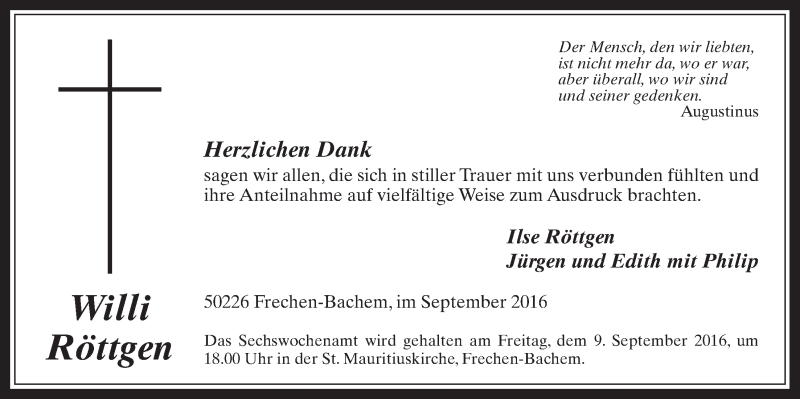  Traueranzeige für Willi Röttgen vom 07.09.2016 aus  Wochenende 