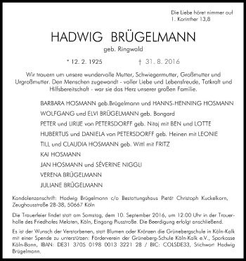 Anzeige von Hadwig Brügelmann von Kölner Stadt-Anzeiger / Kölnische Rundschau / Express