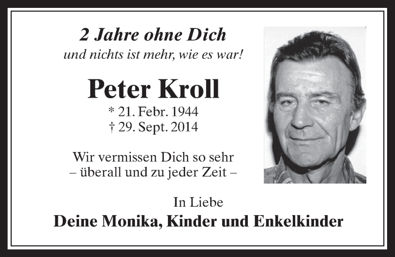  Traueranzeige für Peter Kroll vom 28.09.2016 aus  Werbepost 