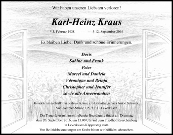 Anzeige von Karl-Heinz Kraus von Kölner Stadt-Anzeiger / Kölnische Rundschau / Express
