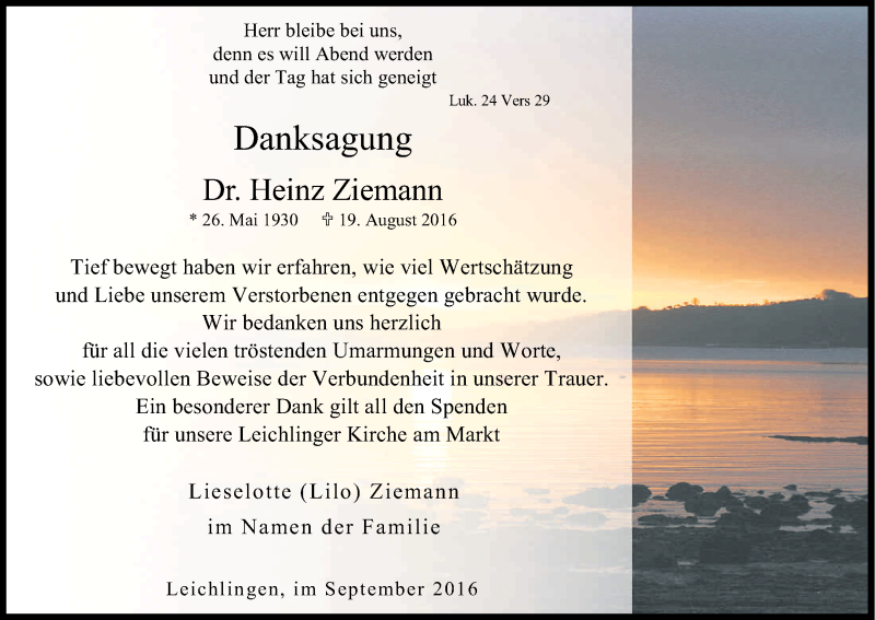  Traueranzeige für Heinz Ziemann vom 17.09.2016 aus Kölner Stadt-Anzeiger / Kölnische Rundschau / Express