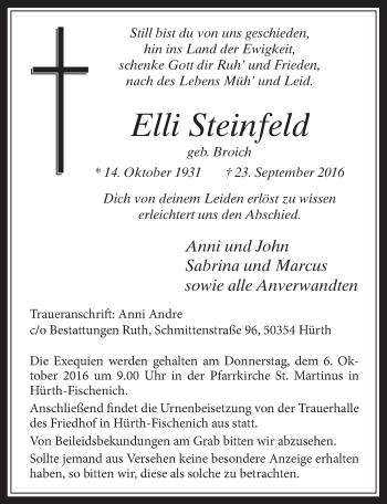 Anzeige von Elli Steinfeld von  Wochenende 