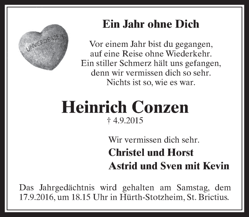  Traueranzeige für Heinrich Conzen vom 14.09.2016 aus  Wochenende 