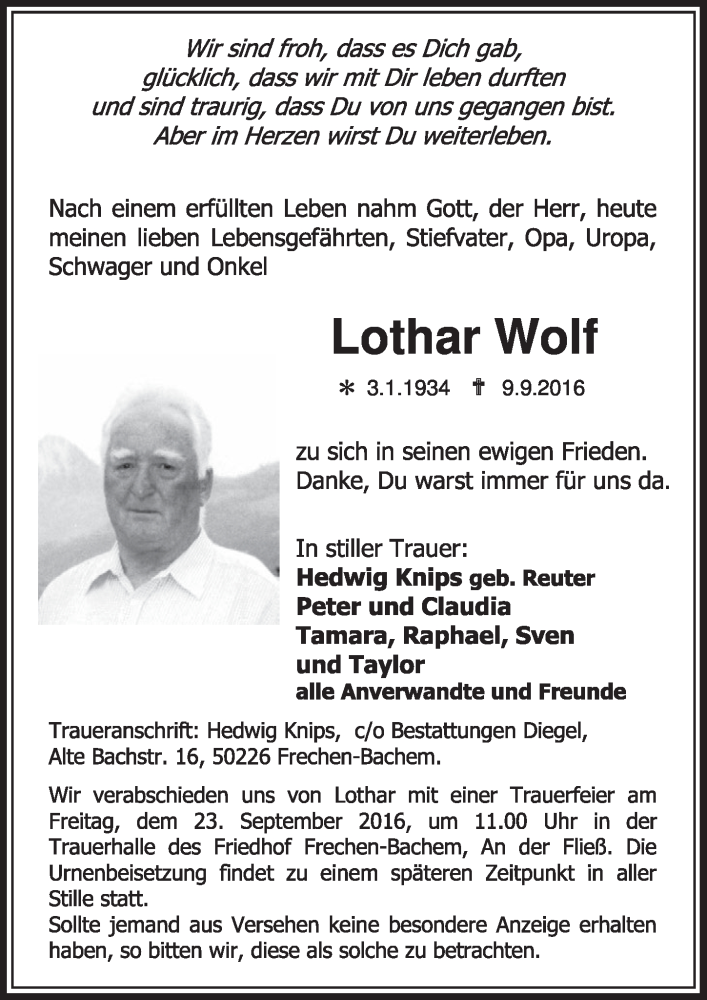 Traueranzeige für Lothar Wolf vom 17.09.2016 aus  Sonntags-Post 