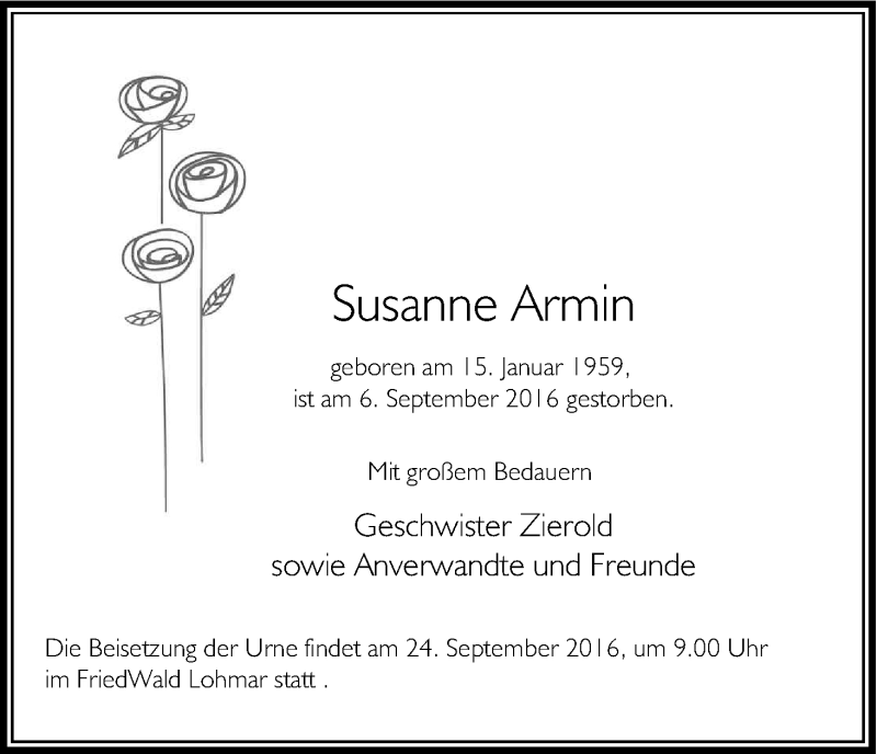  Traueranzeige für Susanne Armin vom 17.09.2016 aus Kölner Stadt-Anzeiger / Kölnische Rundschau / Express
