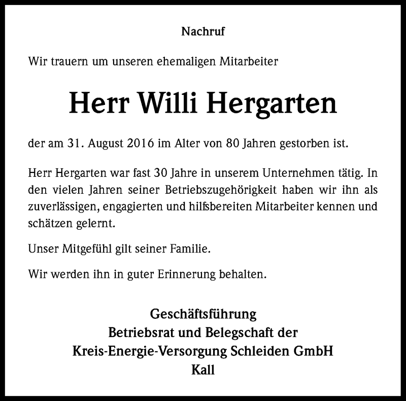  Traueranzeige für Willi Hergarten vom 10.09.2016 aus Kölner Stadt-Anzeiger / Kölnische Rundschau / Express