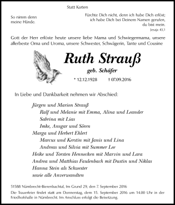Anzeige von Ruth Strauß von Kölner Stadt-Anzeiger / Kölnische Rundschau / Express