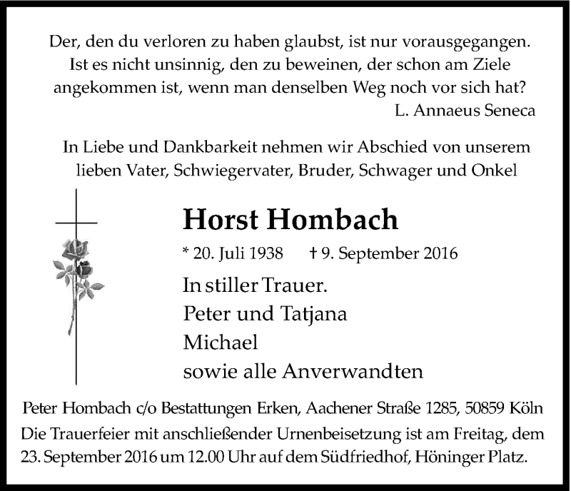  Traueranzeige für Horst Hombach vom 17.09.2016 aus Kölner Stadt-Anzeiger / Kölnische Rundschau / Express