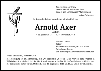 Anzeige von Arnold Axer von Kölner Stadt-Anzeiger / Kölnische Rundschau / Express