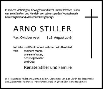 Anzeige von Arno Stiller von Kölner Stadt-Anzeiger / Kölnische Rundschau / Express