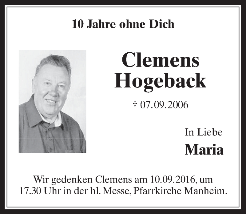  Traueranzeige für Clemens Hogeback vom 07.09.2016 aus  Werbepost 