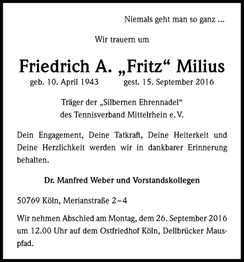 Anzeige von Friedrich Milius von Kölner Stadt-Anzeiger / Kölnische Rundschau / Express