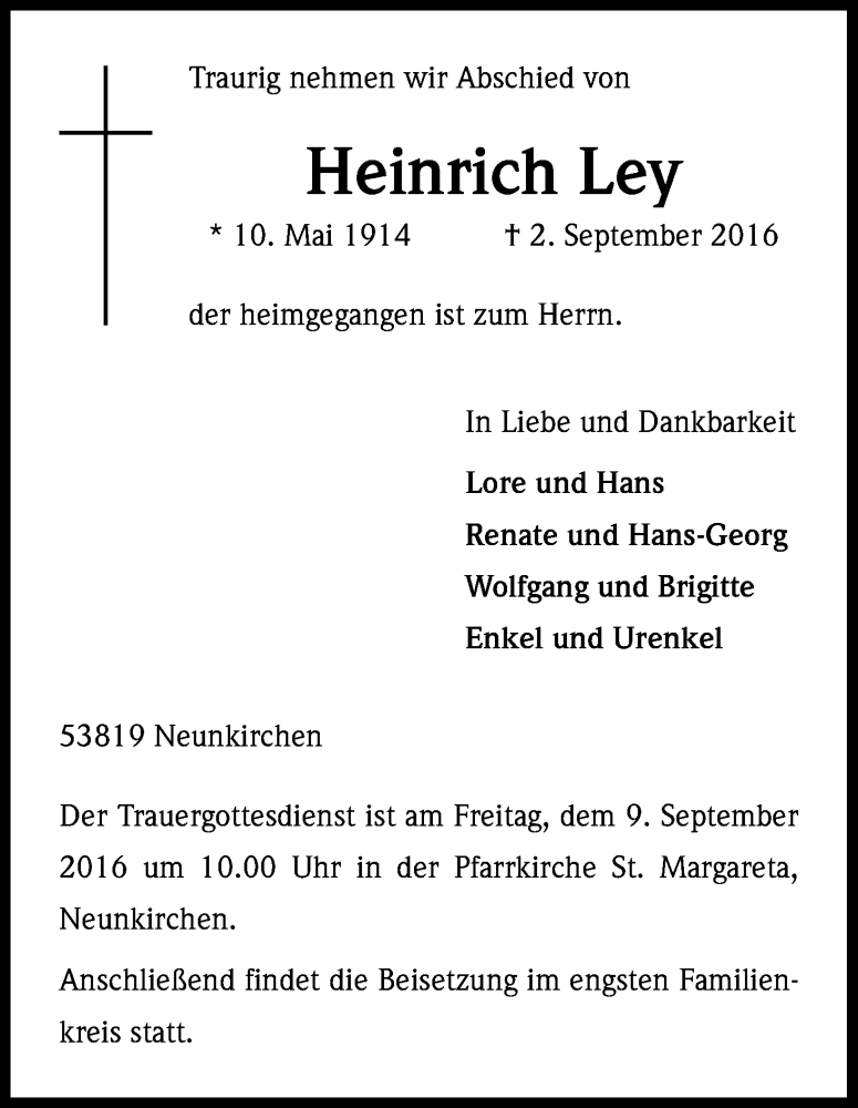  Traueranzeige für Heinrich Ley vom 06.09.2016 aus Kölner Stadt-Anzeiger / Kölnische Rundschau / Express