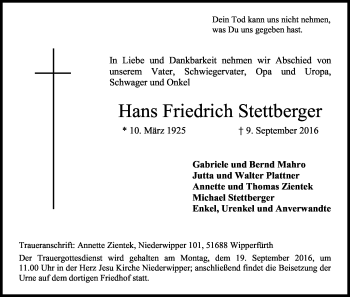 Anzeige von Hans Friedrich Stettberger von Kölner Stadt-Anzeiger / Kölnische Rundschau / Express