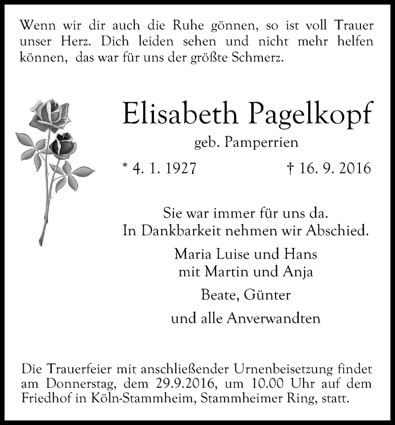  Traueranzeige für Elisabeth Pagelkopf vom 24.09.2016 aus Kölner Stadt-Anzeiger / Kölnische Rundschau / Express
