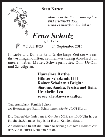 Anzeige von Erna Scholz von  Wochenende 