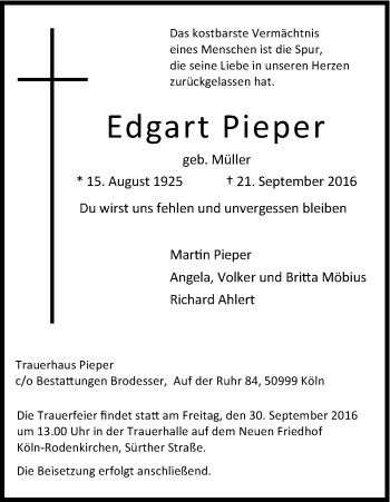 Anzeige von Edgart Pieper von Kölner Stadt-Anzeiger / Kölnische Rundschau / Express