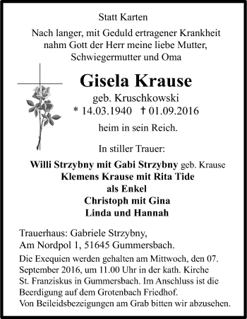 Anzeige von Gisela Krause von Kölner Stadt-Anzeiger / Kölnische Rundschau / Express