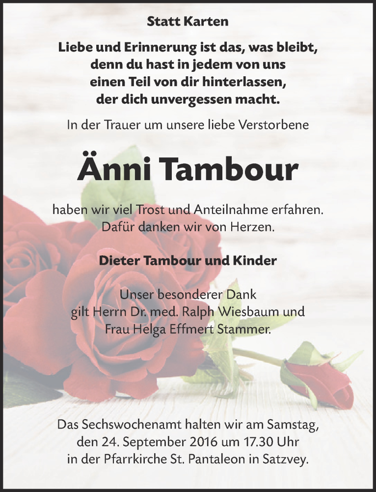 Traueranzeige für Änni Tambour vom 17.09.2016 aus  Blickpunkt Euskirchen 