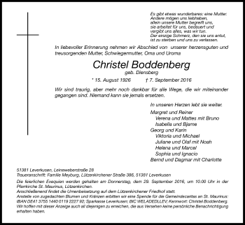 Anzeige von Christel Boddenberg von Kölner Stadt-Anzeiger / Kölnische Rundschau / Express