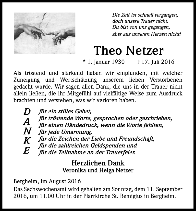  Traueranzeige für Theo Netzer vom 03.09.2016 aus Kölner Stadt-Anzeiger / Kölnische Rundschau / Express