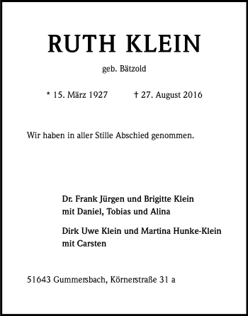 Anzeige von Ruth Klein von Kölner Stadt-Anzeiger / Kölnische Rundschau / Express