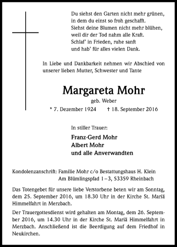 Anzeige von Margareta Mohr von Kölner Stadt-Anzeiger / Kölnische Rundschau / Express