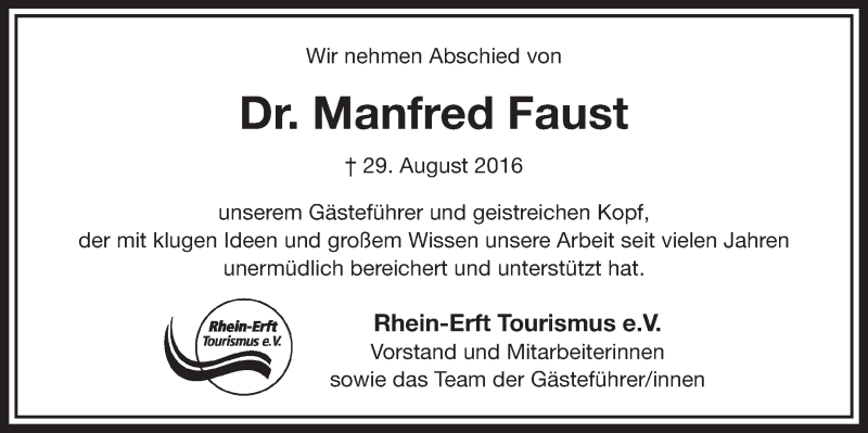  Traueranzeige für Manfred Faust vom 10.09.2016 aus  Sonntags-Post 