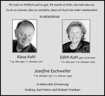 Anzeige von Klaus und Edith Kahl von Kölner Stadt-Anzeiger / Kölnische Rundschau / Express