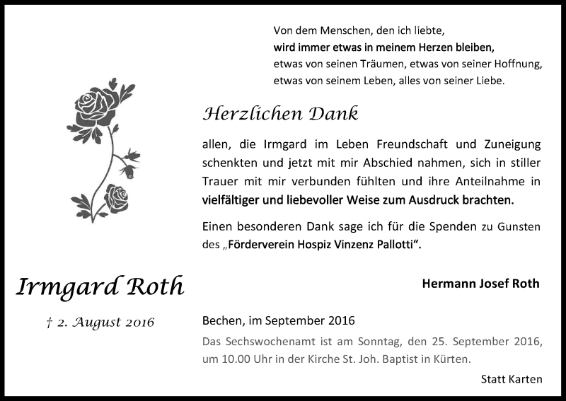  Traueranzeige für Irmgard Roth vom 17.09.2016 aus Kölner Stadt-Anzeiger / Kölnische Rundschau / Express