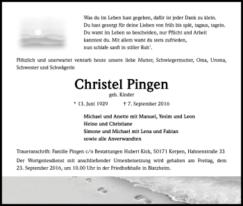 Anzeige von Christel Pingen von Kölner Stadt-Anzeiger / Kölnische Rundschau / Express