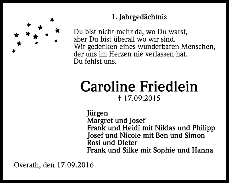  Traueranzeige für Caroline Friedlein vom 17.09.2016 aus Kölner Stadt-Anzeiger / Kölnische Rundschau / Express
