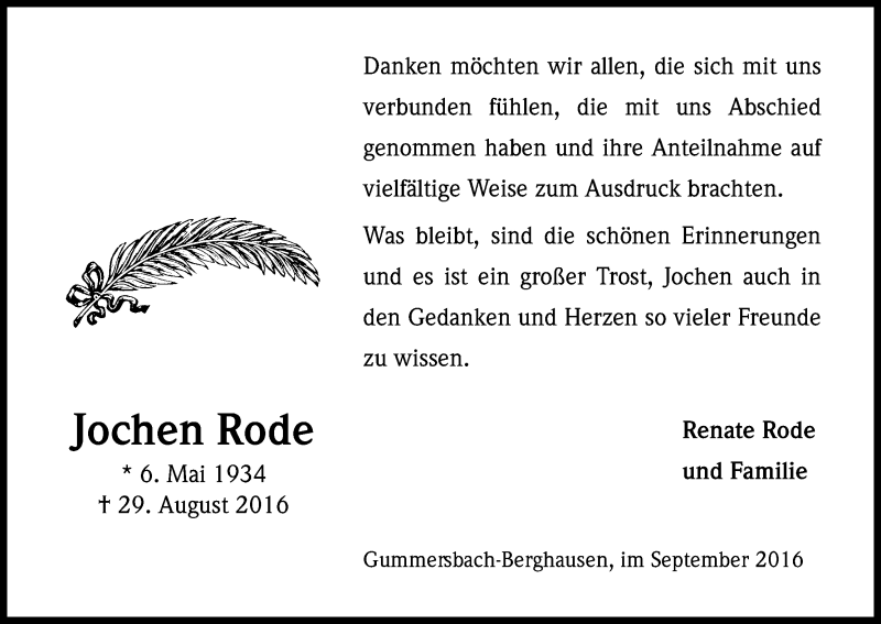 Traueranzeige für Jochen Rode vom 30.09.2016 aus Kölner Stadt-Anzeiger / Kölnische Rundschau / Express