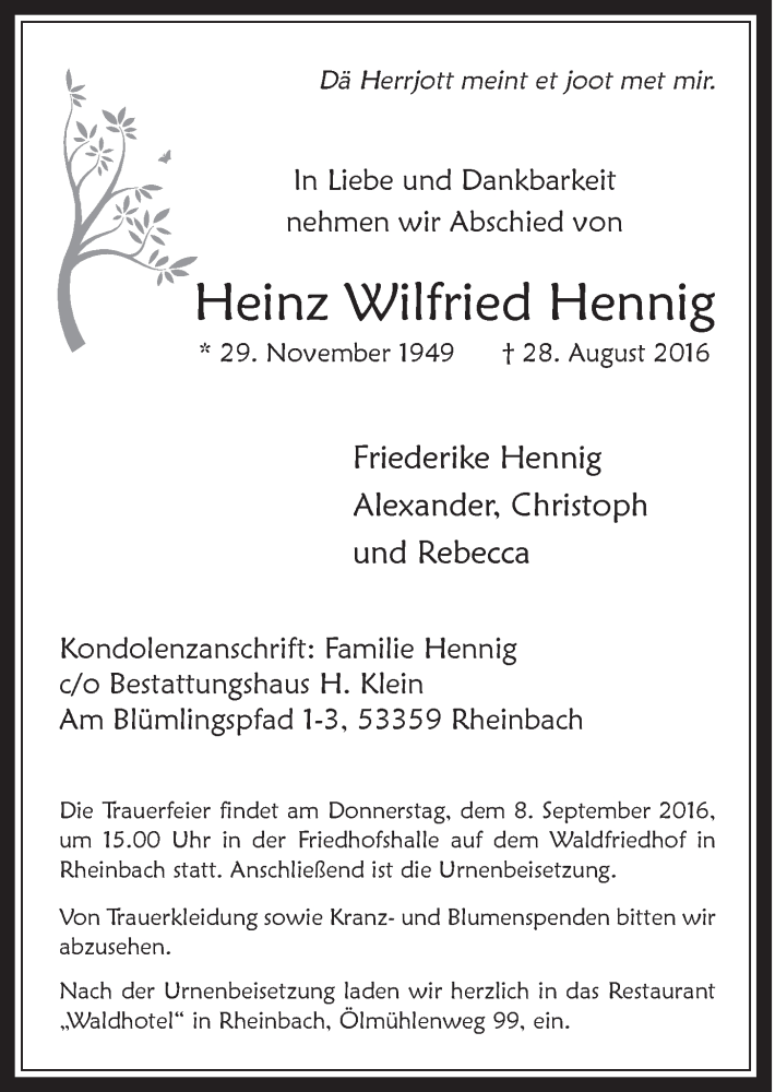 Traueranzeige für Heinz Wilfried Hennig vom 07.09.2016 aus  Schaufenster/Blickpunkt 