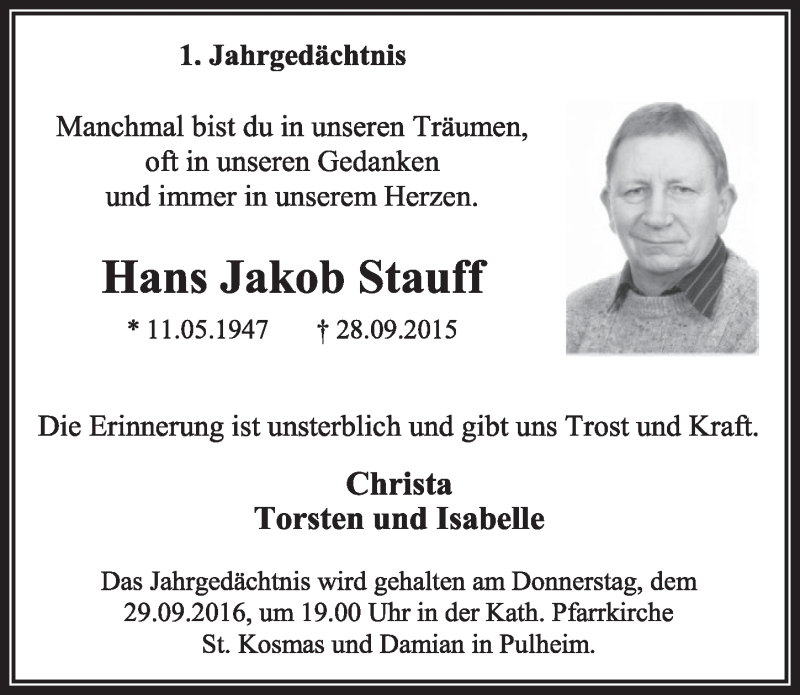  Traueranzeige für Hans Jakob Stauff vom 24.09.2016 aus  Sonntags-Post 