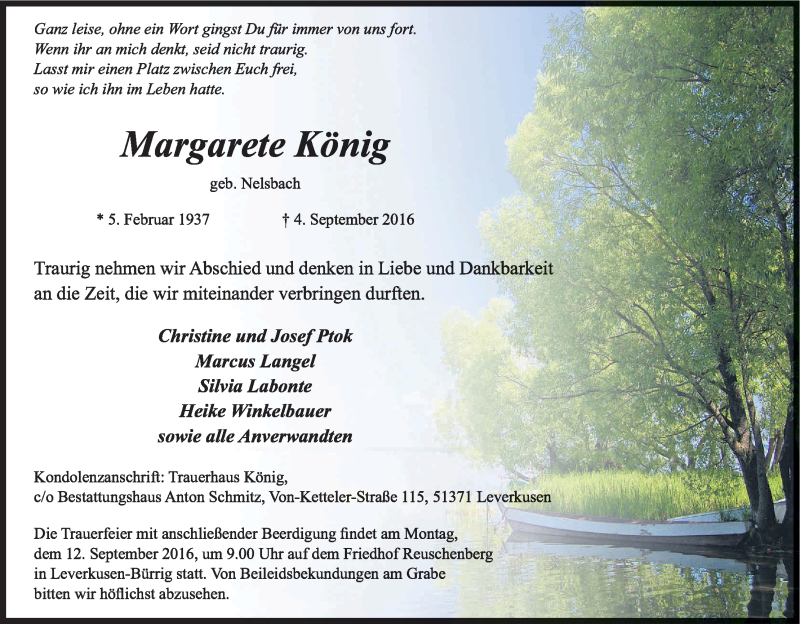  Traueranzeige für Margarete König vom 08.09.2016 aus Kölner Stadt-Anzeiger / Kölnische Rundschau / Express