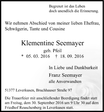 Anzeige von Klementine Seemayer von Kölner Stadt-Anzeiger / Kölnische Rundschau / Express