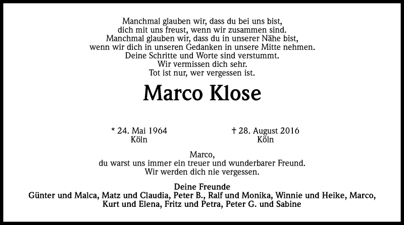  Traueranzeige für Marco Klose vom 03.09.2016 aus Kölner Stadt-Anzeiger / Kölnische Rundschau / Express