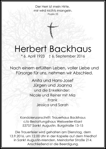 Anzeige von Herbert Backhaus von Kölner Stadt-Anzeiger / Kölnische Rundschau / Express