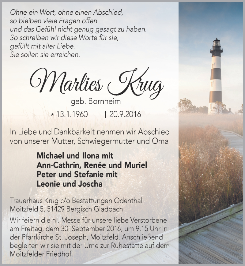  Traueranzeige für Marlies Krug vom 28.09.2016 aus  Bergisches Handelsblatt 