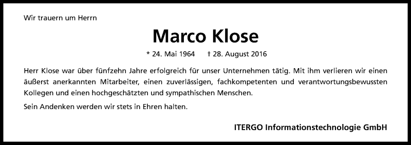  Traueranzeige für Marco Klose vom 03.09.2016 aus Kölner Stadt-Anzeiger / Kölnische Rundschau / Express