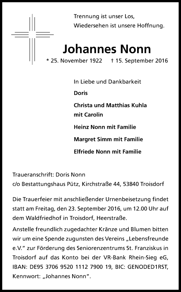  Traueranzeige für Johannes Nonn vom 17.09.2016 aus Kölner Stadt-Anzeiger / Kölnische Rundschau / Express