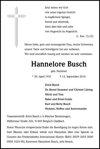 Anzeige von Hannelore Busch von Kölner Stadt-Anzeiger / Kölnische Rundschau / Express