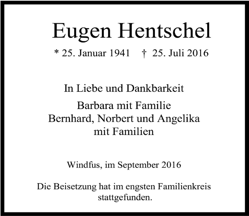  Traueranzeige für Eugen Hentschel vom 07.09.2016 aus  Anzeigen Echo 