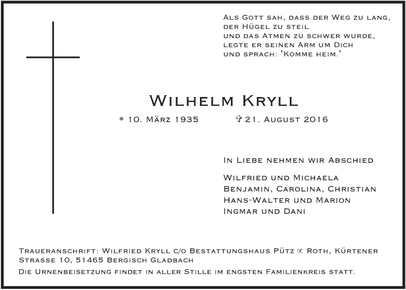  Traueranzeige für Wilhelm Kryll vom 14.09.2016 aus  Extra Blatt 