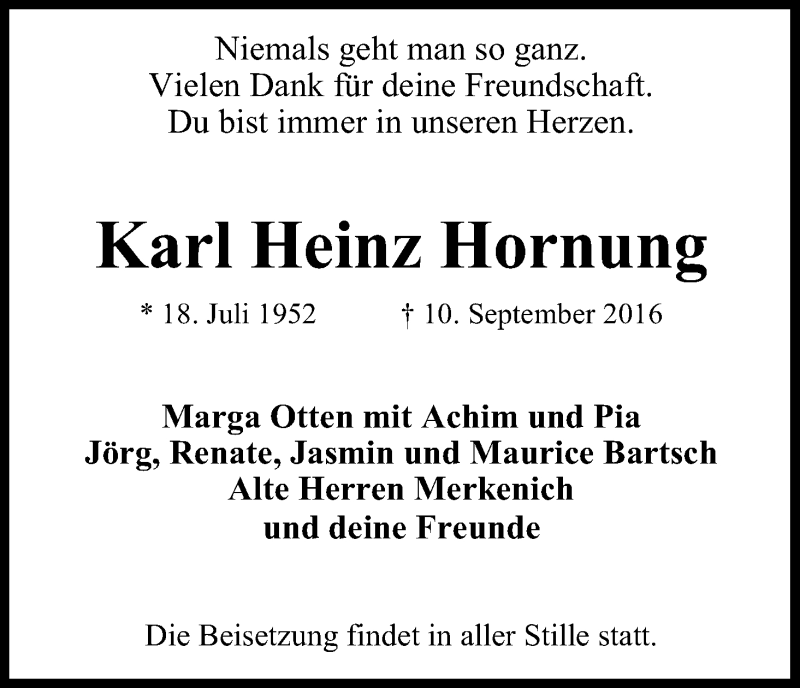  Traueranzeige für Karl Heinz Hornung vom 17.09.2016 aus Kölner Stadt-Anzeiger / Kölnische Rundschau / Express