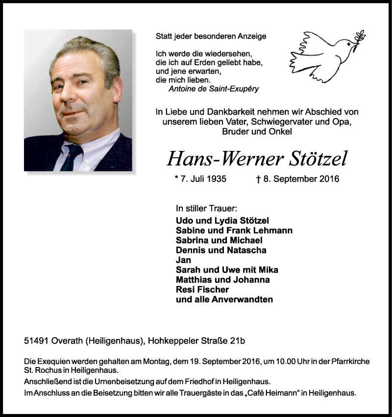  Traueranzeige für Hans-Werner Stötzel vom 14.09.2016 aus Kölner Stadt-Anzeiger / Kölnische Rundschau / Express