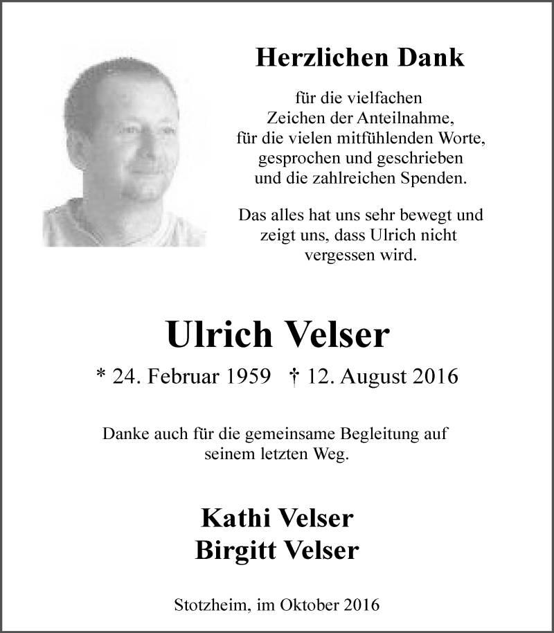  Traueranzeige für Ulrich Velser vom 01.10.2016 aus  Blickpunkt Euskirchen 
