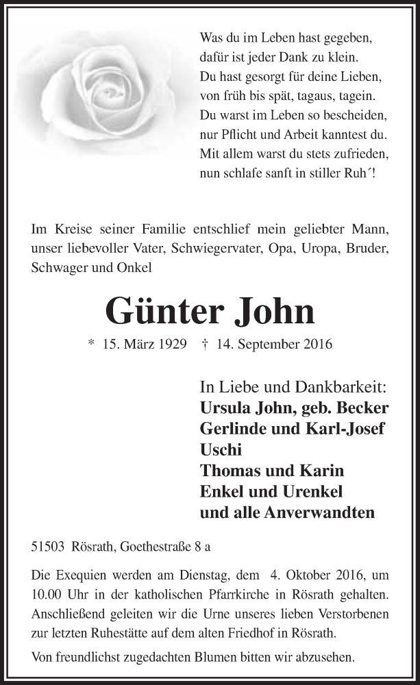  Traueranzeige für Günter John vom 28.09.2016 aus  Bergisches Handelsblatt 